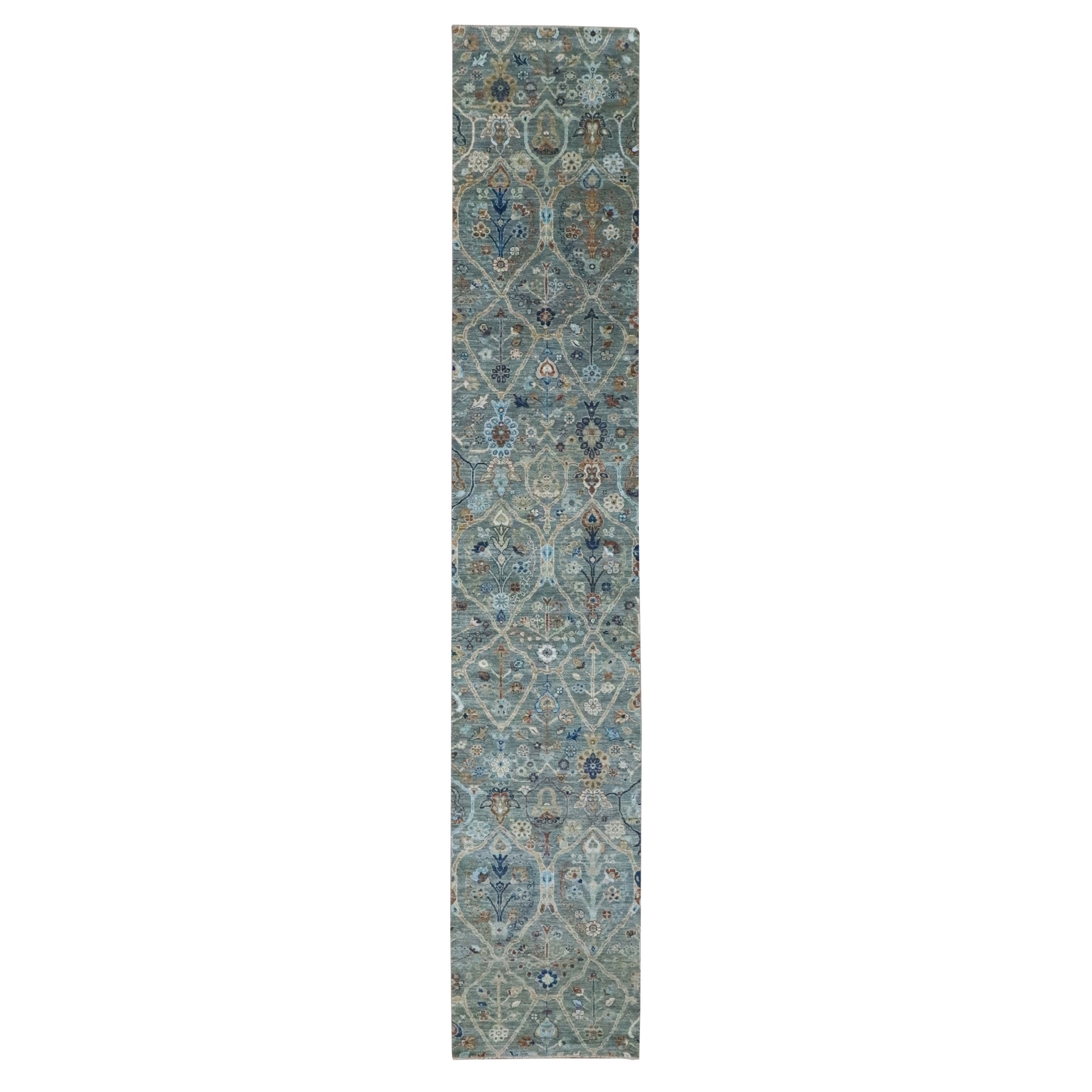 Sage Green, Trellis Borderless Garden Design, Agra, Hand Knotted, Hand Spun New Zealand Wool,
Narrow Runner, Oriental Rug